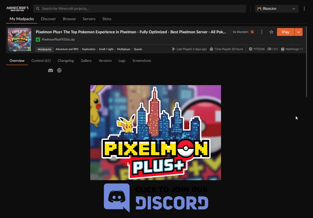 Pixelmon Plus+ in the CurseForge app