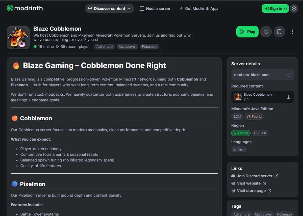 The Blaze Cobblemon server on Modrinth with its Play button